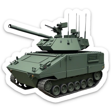 Stryker M1126 (2020) – Cinematic-realistic Stryker M1126 armored personnel carrier, its dark grey-green hull speeding down a war-torn street. The eight large tyres grip the cracked pavement as infantry hunker inside, the turret-mounted .50 cal machine gun scanning rooftops for threats under the eerie glow of distant fires. sticker