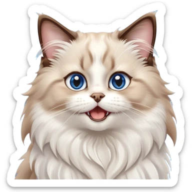 cinematic-adorable-big-eyed-fluffy-brown and white ragdoll-cat-portrait-emoji,-head-tilted-playfully-with-a-cute,-yawn,-soft-brown-and white-colored-fur-with-darker-points-on-the-ears,-simplified-yet-irresistibly-cute-features, sparkling blue eyes sticker