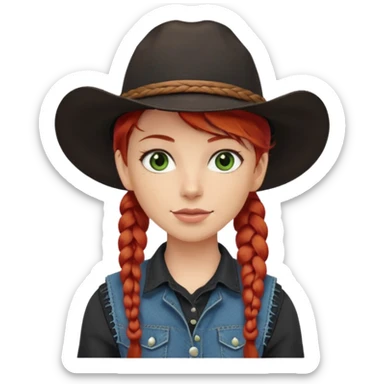 cowgirl with red hair in one braid over shoulder, green eyes, black hat  sticker