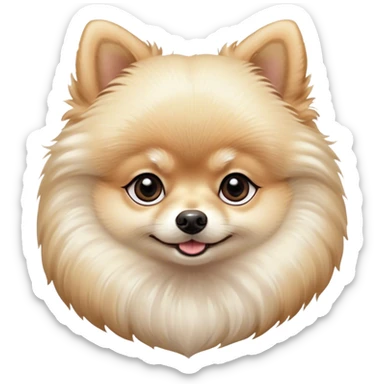 Cinematic Cute Cream Pomeranian Portrait Emoji, Head tilted playfully and inquisitively, featuring a luxurious, fluffy cream Fur with a natural sheen, round, sparkling dark eyes filled with curiosity, Simplified yet irresistibly adorable features, highly detailed, glowing with a warm, friendly glow, high shine, affectionate and lively, stylized with a touch of whimsy, bright and endearing, soft glowing outline, capturing the essence of a mischievous yet loving pup, so playful it feels like it could scamper out of the screen and into your arms! sticker