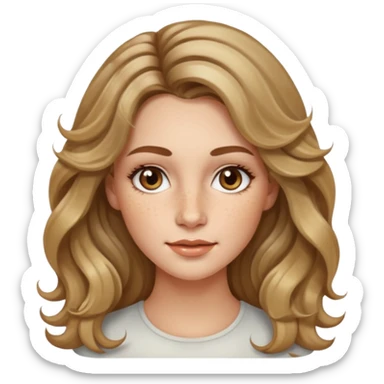 creative women with long dark Blond with highlights wavy hair white women, oval shape face hazel eyes long lashes freckles on the nose high cheek bones sticker