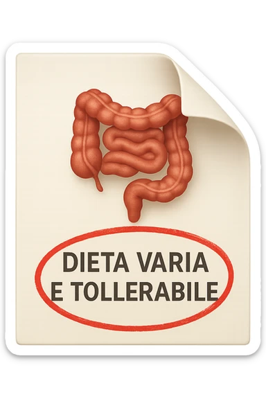 emoji stile iphone di un foglio con un INTESTINO disegnatO sopra e la scritta "DIETA VARIA E TOLLERABILE" CERCHIATA IN ROSSO, iperrealistico 4k, isolato su sfondo bianco sticker