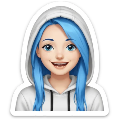 Laughing-long-straight-medium-blue-hair-blue-eyes-black eyeliner-long-lashes-white-hooded-sweatshirt sticker
