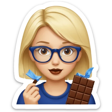 Blonde girl with navy blue framed glasses eating chocolate sticker
