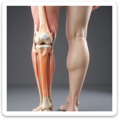 hyperrealistic 4K illustration of valgus knee, lateral view, highlighting inward deviation of knees, bones and joint clearly visible, white background, variant 3 with slightly changed foot position sticker