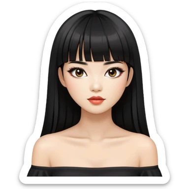 chic woman with Asian skin, black long straight bangs, wearing a black off-shoulder top, and makeup sticker