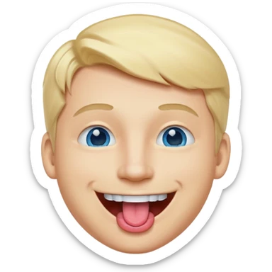 a smiley face of a man with tongue out just a little bit, blue eyes and blonde hair sticker