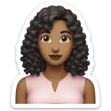 White woman with long black curly hair and bangs and dark brown eyes, wearing a pastel pink dress sticker