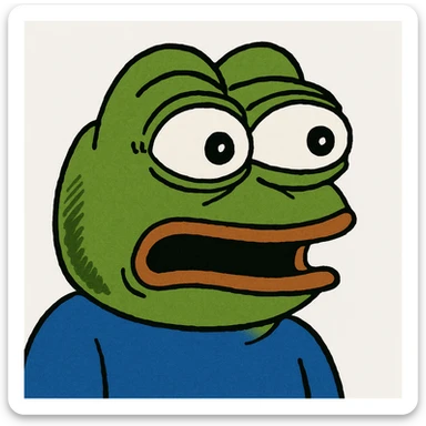 Pepe the Frog surprised, wide eyes and open mouth, meme style, green skin, blue shirt sticker