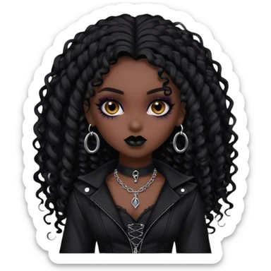 dark skin, goth bratz baddie, beautiful brown eyes, gothic black makeup, long black curly hair, black gothic hair styled, black goth clothes sticker