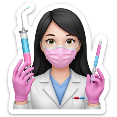 laboratorista con guantes rosa pastel y mascarilla rosa pastel jeringa tubo laboratorio sin lentes pelo lacio negro y largo sticker