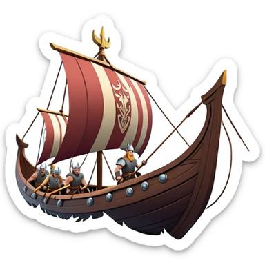 clash-of-clans-aesthetic_-cinematic-viking-longboat, rendered in a flat, bold vector style with minimal shading, featuring a striking dragon-headed prow slicing through icy, churning waters. shields on the side and vikings rowing The longboat’s intricately detailed shields and carved motifs evoke a sense of epic adventure and Nordic might, with billowing sails catching a dramatic, stormy sky backdrop. sticker