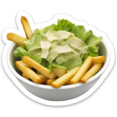 caesar salad in a bowl with a side of fries and a cole sticker