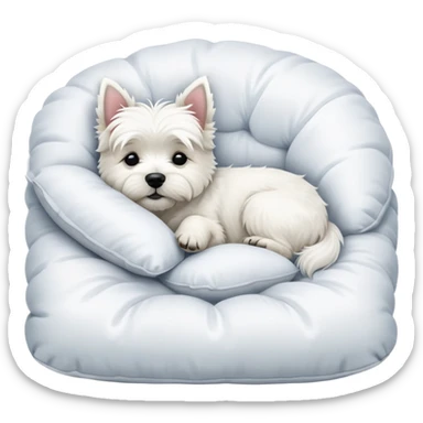 West highland terrier sleeping in a bed of cushions sticker