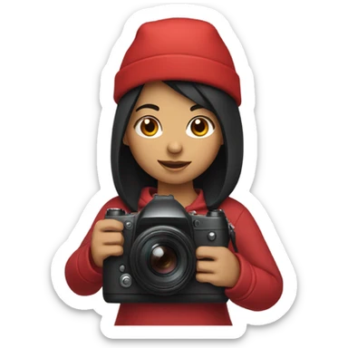 girl in a red hat with black hair and holding cemera sticker
