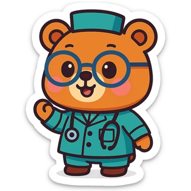 chibi bear with glasses wearing medical attire, animated style, cute and vibrant sticker