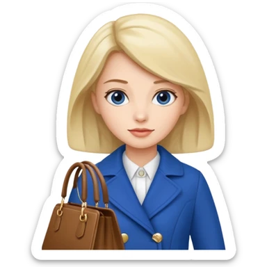 woman in blue coat, handbag sticker