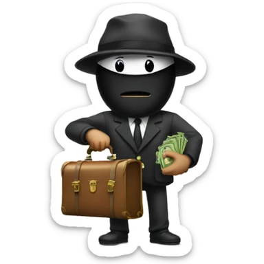 a robber with a brief case that has money falling out of the brief case sticker