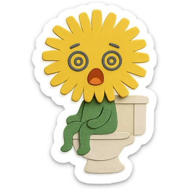 lemon yellow dandelion flower with a shocked face, sitting on a toilet with swirls in the eyes, soft colors, chibi expression sticker