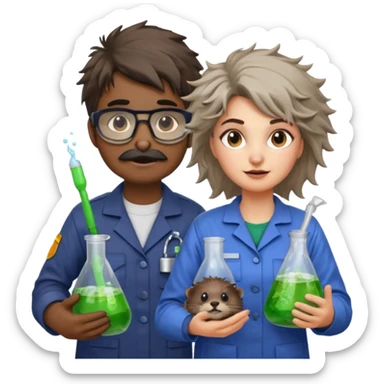 an otter disguised as a woman garbage collector next to a man mad scientist sticker