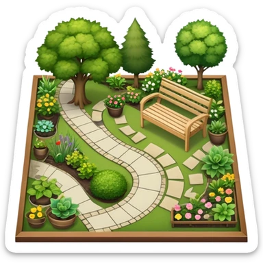 Icon for Landscape Design: a garden layout with trees, plants, pathways, and outdoor furniture, along with design tools like a ruler, pencil and sketchpad. The icon should represent the creativity and planning behind landscape design. Transparent background. sticker