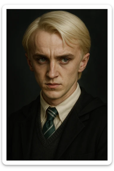 Draco Malfoy face inspired by Harry Potter, pale blond hair, sharp features, sly expression, school uniform, detailed portrait sticker