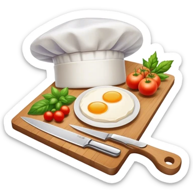 A photorealistic icon featuring a chef's hat, a cutting board with fresh ingredients, a knife, and a plate with a well-plated dish. Bright, detailed design with realistic textures and lighting. Transparent background, clearly symbolizing cooking and culinary arts. sticker