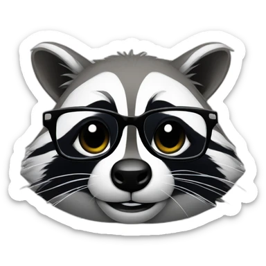 racoon wearing square glasses and white tee working on a black laptop sticker