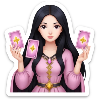 long black hair girl with light pink tarot cards sticker