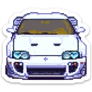 Toyota Supra front view, pixel art style, detailed headlights, classic 90s video game aesthetic sticker