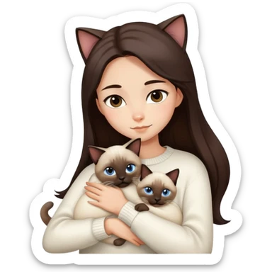 a girl with long dark brown hair, in a white sweater, hugs a Siamese cat sticker