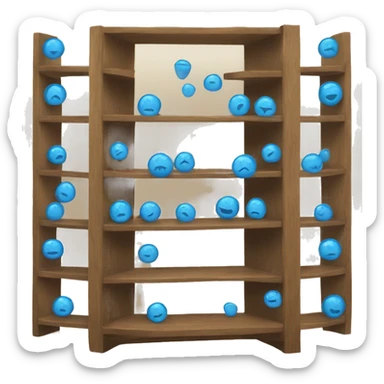 tall wooden shelves with blue orb prophecies sticker