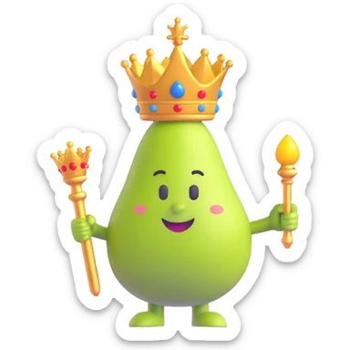 royal pear with a crown, elegant and regal, fun emoji style, holding a scepter sticker