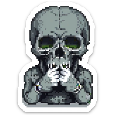 skull making a shushing gesture, finger to mouth, expressive face, pixel art style sticker