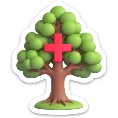 3D illustration of a full color tree with a red cross at its center, symbolizing healthcare sticker