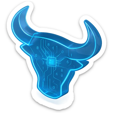 sleek futuristic bull head logo with blue neon glow, digital circuit style sticker