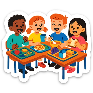 a group of kids eating together at a school table, cheerful style sticker
