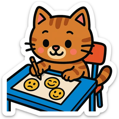 cute cartoon kitty sitting at a desk, drawing emoji faces sticker