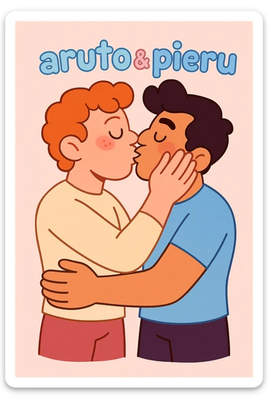 a gay couple kissing, with 'aruto & pieru' written above, in a soft pastel cartoon style sticker