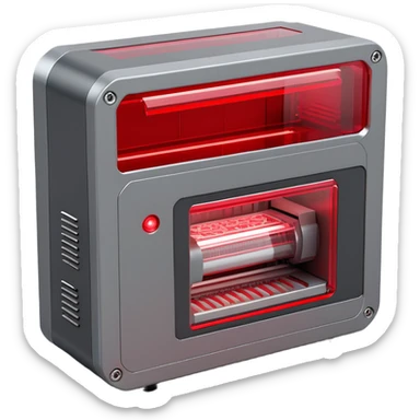3D render of a compact processing machine, printer-like design:
- Rectangular industrial device with clean edges
- Red transparent window/panel on the front showing mechanical movement inside
- Small metallic gray gears visible through the window
- Red LED status lights on the top panel
- Subtle ventilation grids on the sides
- Minimal metallic gray housing
- Small red glowing details between panels
- Technical/industrial finish with slight reflection
- Modern, clean aesthetic like a high-tech printer
- Subtle red glow emission from internal mechanisms
--ar 1:1
--style raw
--v 5.2
--no text
--q 2
--c 20 sticker
