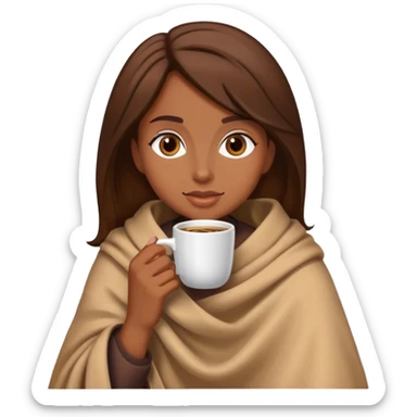 Brown hair lady wearing light brown blanket drinking coffee  sticker