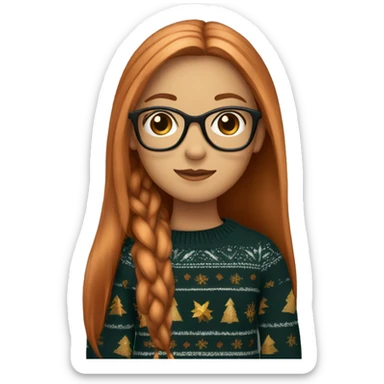 Pretty girl with long copper straight hair with black glasses and a christmas sweater sticker