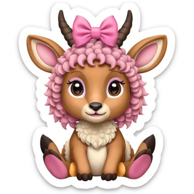 cute gazzelle with curly fur, sitting down, wearing a pink bow on its head. Realistically  sticker