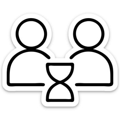 ultra-minimalist outlined icon of two figures with a small clock or hourglass, worn and distressed style sticker