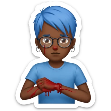 draw a black boy with glasses and blue hair cutting his wrist while bleeding not crying blood and with a neutral peaceful expression on his face sticker