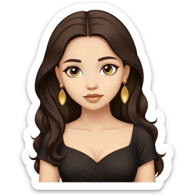 Beautiful woman,cute, long dark brown hair in dark dress with gold earrings sticker