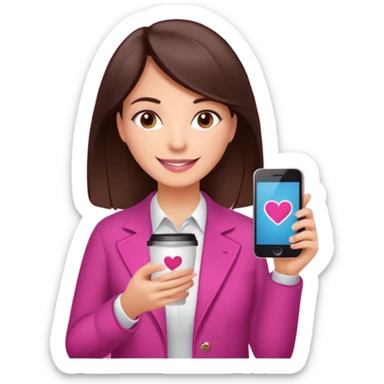 Social media manager. She has dark brown hair, brown eyes, a friendly smile. She is holding a smartphone and a coffee cup. Include subtle marketing elements like small icons of hashtags or a speech bubble with a heart, instagram logo. Use vibrant colors with a focus on pink and fuchsia tones. sticker