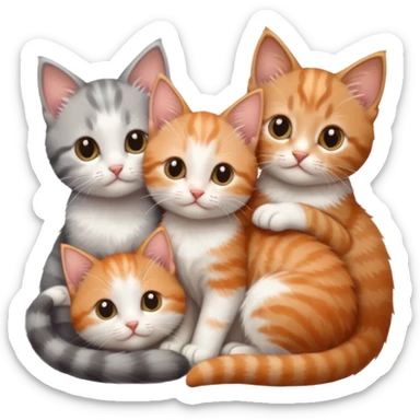 3 tiny kittens cuddling together all different colours, the first one is grey and white, the second is ginger and white and the third is brown tabby and white sticker
