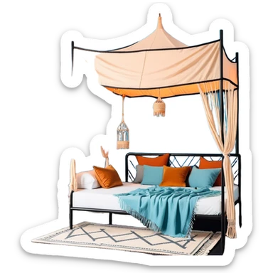 cozy boho bedroom with canopy bed, macramé wall hangings, and warm lighting sticker