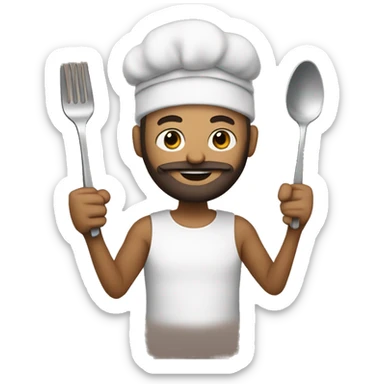 My bitmojie holding a fork and spoon with a beard sticker